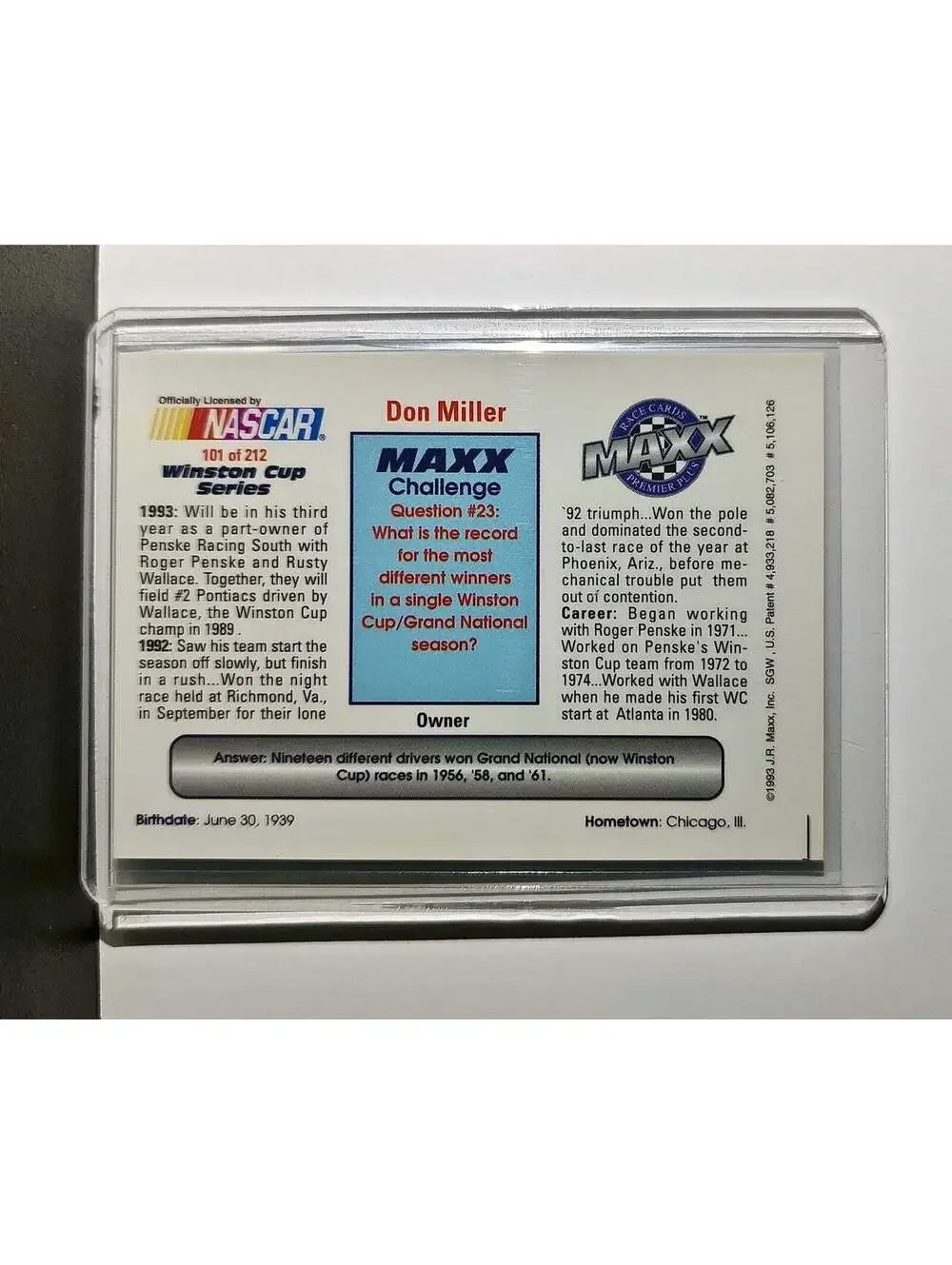 Don Miller 1993 Maxx Premier Plus Racing #101 NASCAR Card Penske Racing South